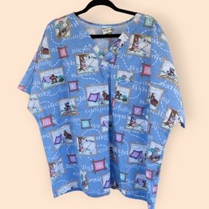 Simply Basic XL Scrub Top Blue Bear Cartoon Raccoon Rabbit Camping Hiking